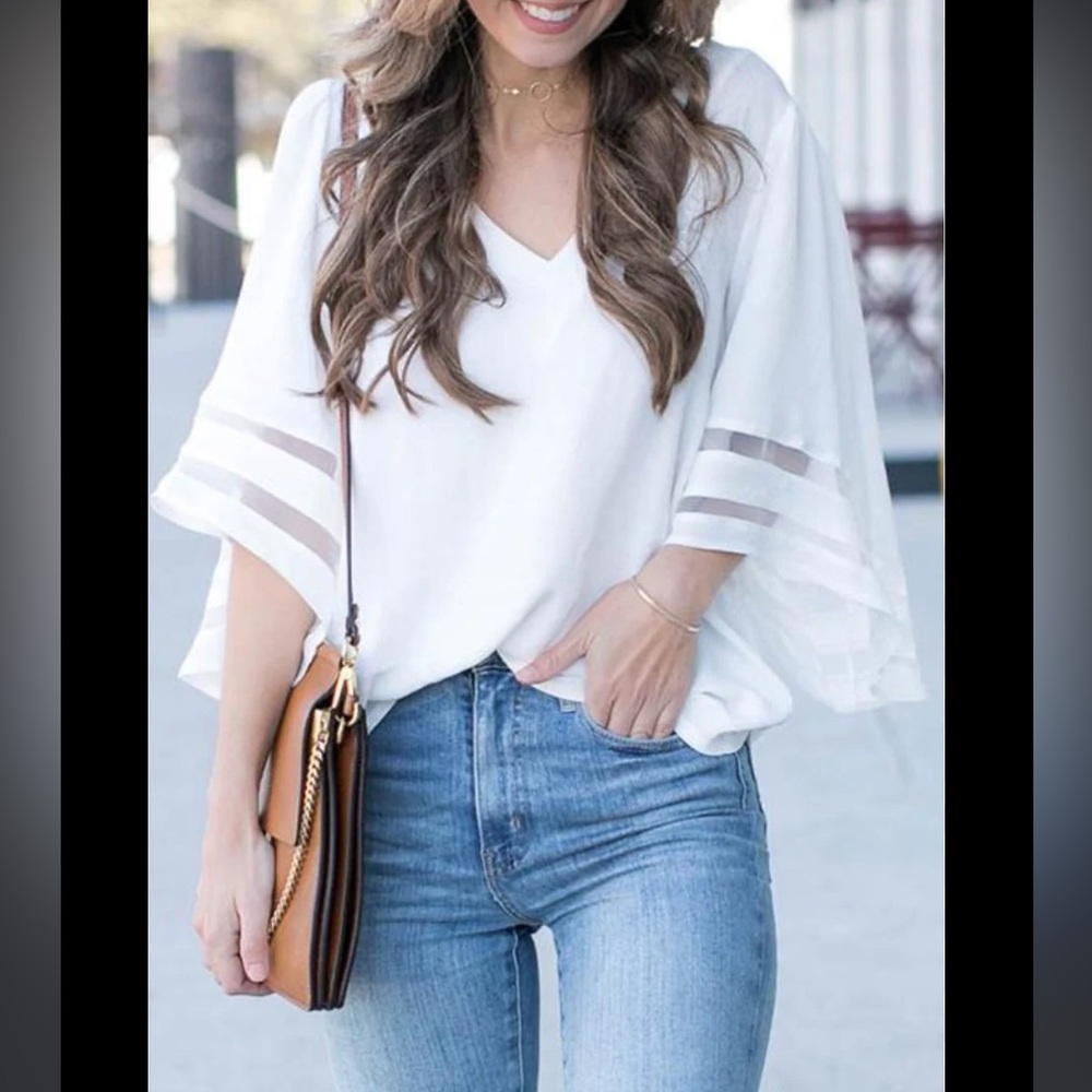 White mesh striped panel bell sleeve flowy v-neck blouse top shirt S classic